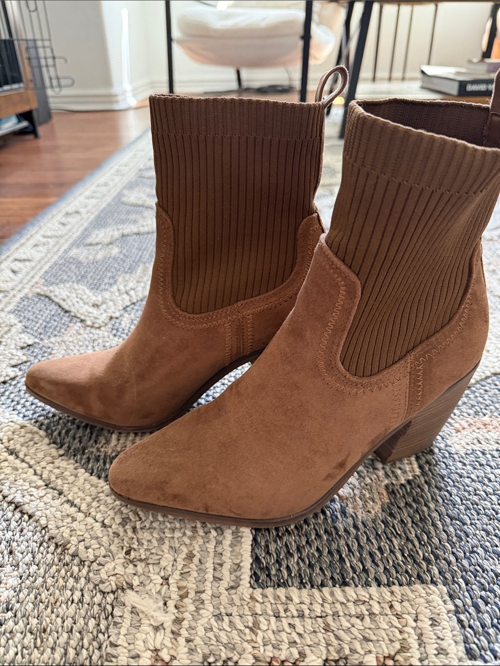 Universal Thread Tan Suede Ankle Boot with Ribbed Knit Shaft